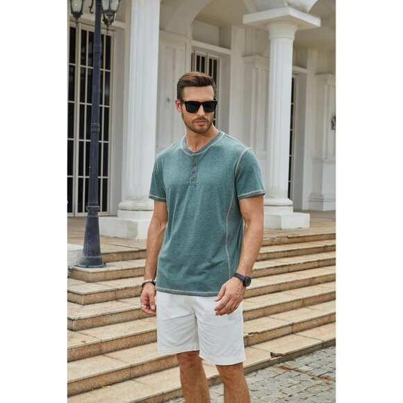 Mens Black Short Sleeve Henley Shirt Casual Button Tee Cotton Summer Top - Picture 7 of 7